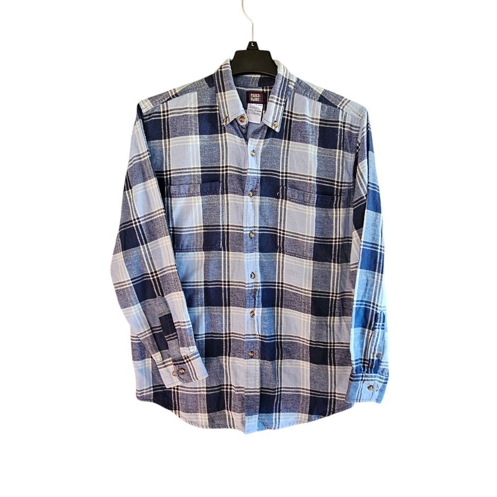 Faded Glory Men's Blue Plaid Cotton Button-Down‎ Shirt Casual Comfort Medium
